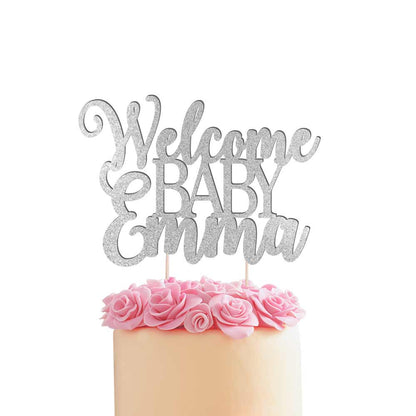 Personalized baby shower Welcome baby cake topper with name. Silver glittered cake decoration for baby shower, baptism or christening – XOXOKristen