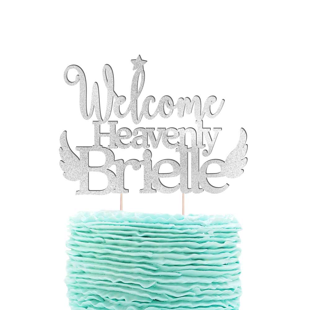 Welcome heavenly cake topper. Gorgeous silver glittered cake decoration -XOXOKristen