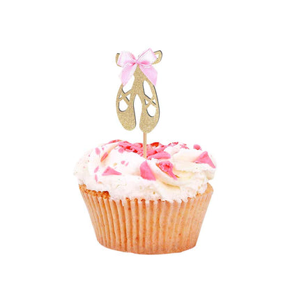 Gold glittered ballerina shoes cupcake topper with pink satin bow decoration - XOXOKristen