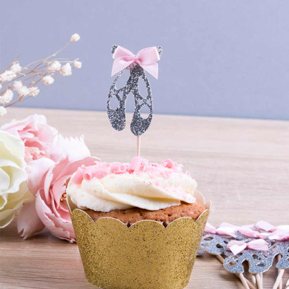 Silver glittered ballerina shoes cupcake topper with pink satin bow decoration - XOXOKristen
