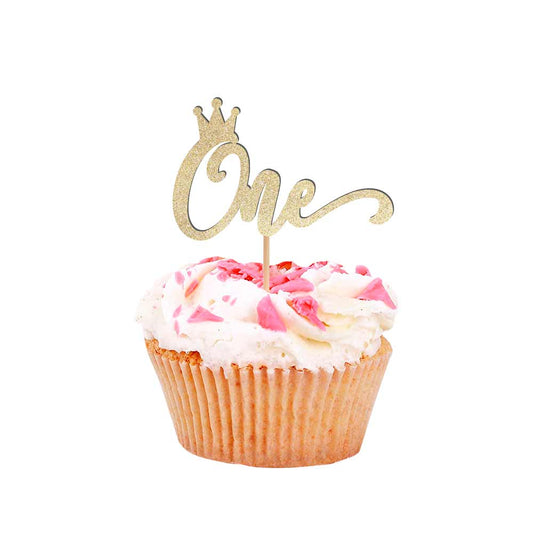 first birthday party decoration - cupcake toppers & picks - gold or silver glitter - one with a crown