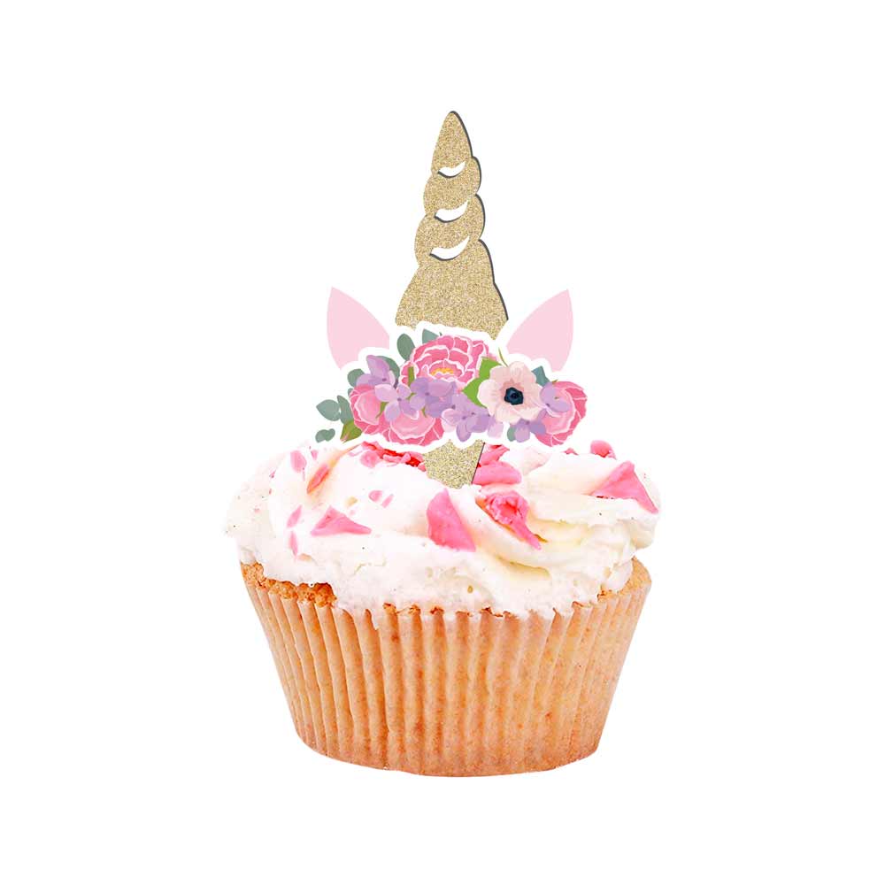 Gold glittered unicorn cupcake topper with pink flower wreath - XOXOKristen
