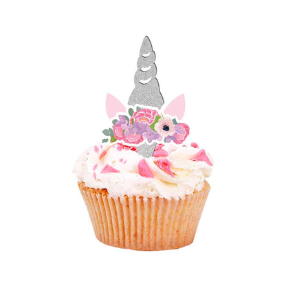 Silver glittered unicorn cupcake topper with pink flower wreath - XOXOKristen