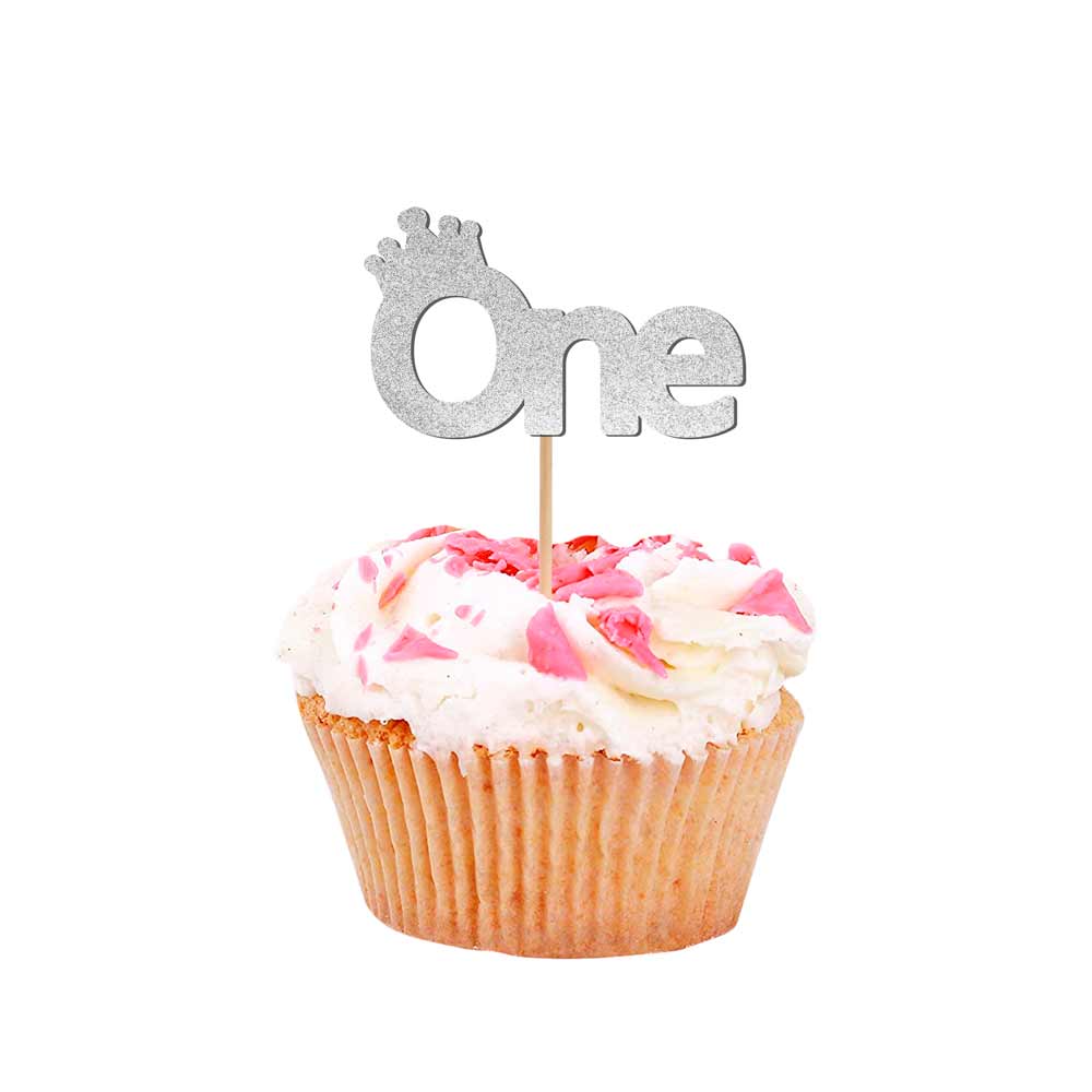 First birthday party decoration with silver glittered cupcake topper - XOXOKristen