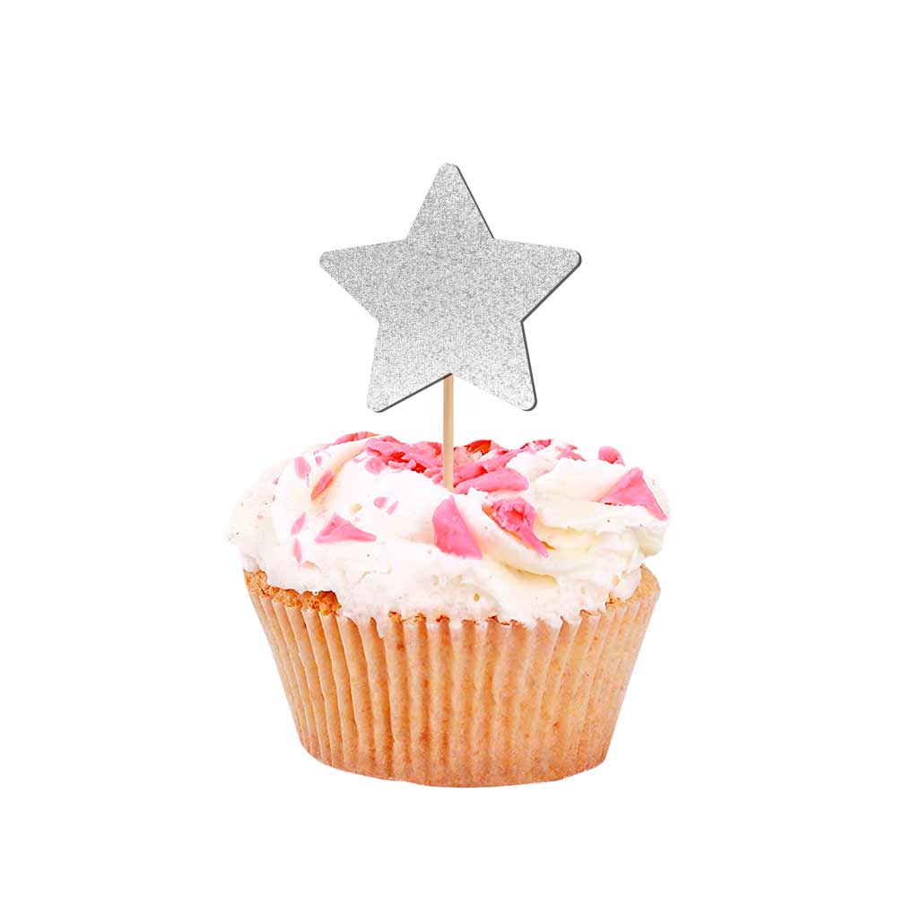 Silver glittered star-shaped cupcake topper for unique party decoration - XOXOKristen