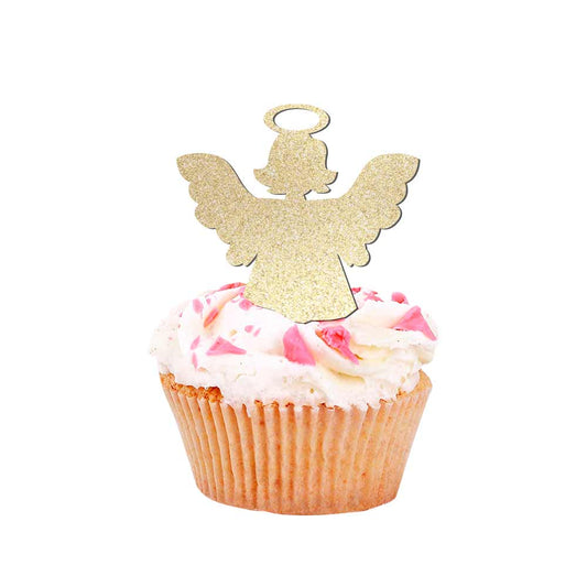 Gold glittered baptism cupcake topper shaped like an angel - XOXOKristen