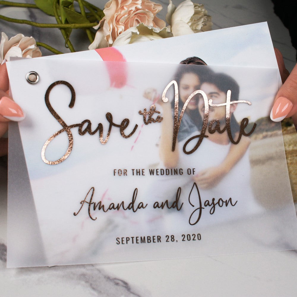 Personalized rose gold vellum Save the date wedding card with custom picture - XOXOKristen