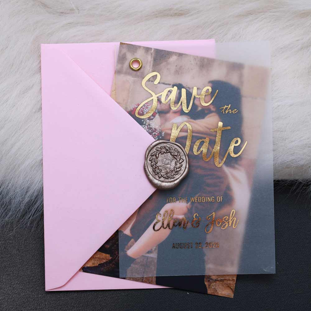 Gold foiled vellum save the date card with custom picture - XOXOKristen