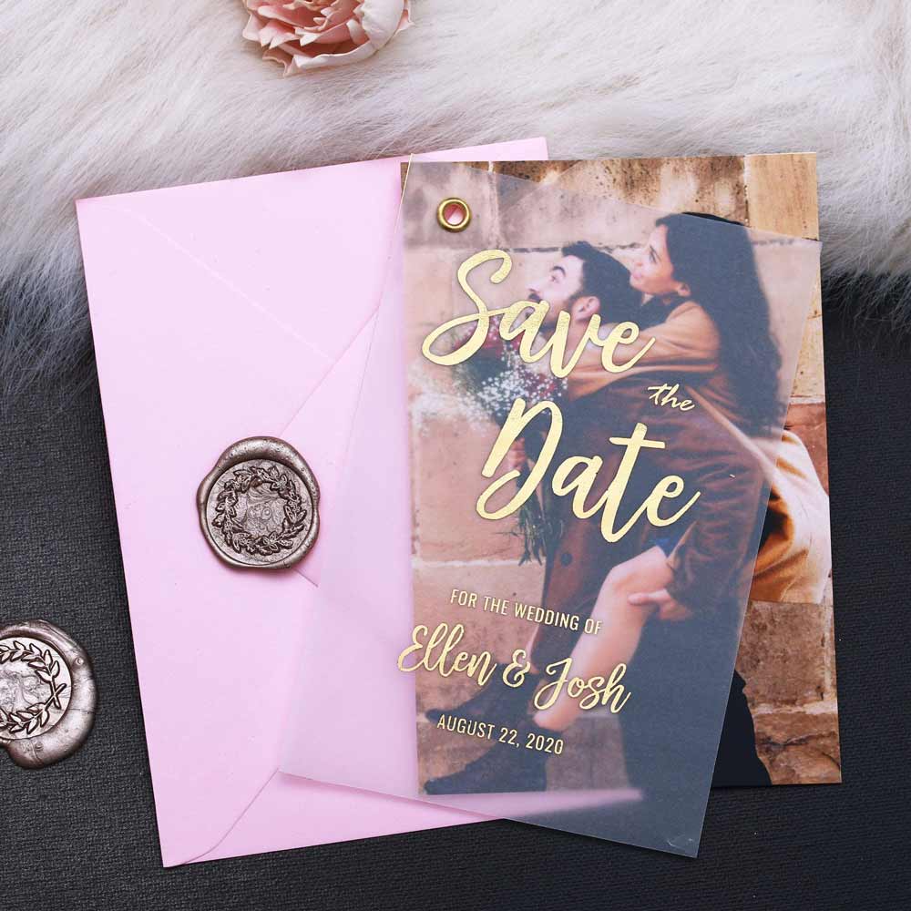 Gold foiled vellum save the date card with custom picture - XOXOKristen