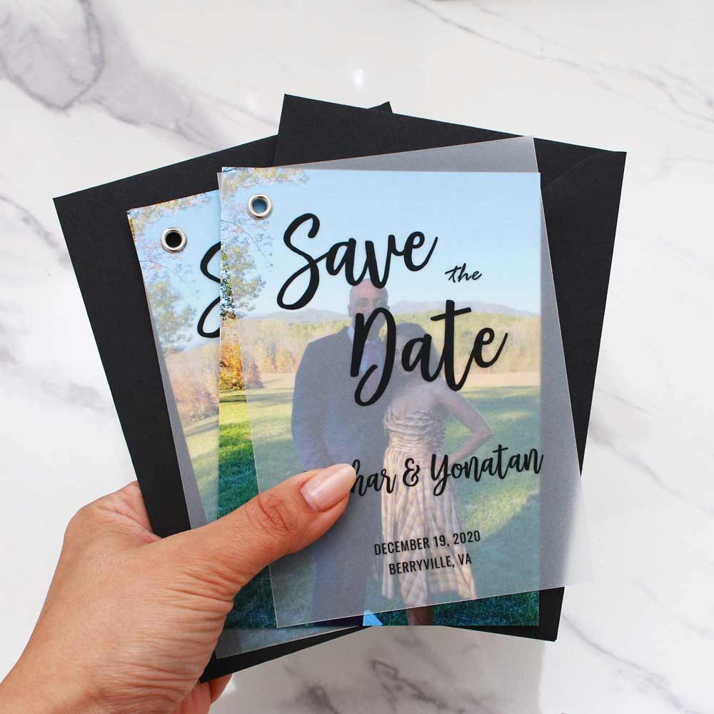 Gold foiled vellum save the date card with custom picture - XOXOKristen