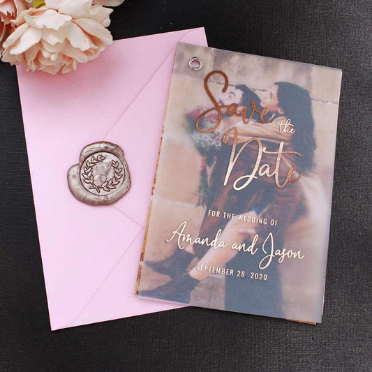 Personalized rose gold vellum Save the date wedding card with custom picture - XOXOKristen