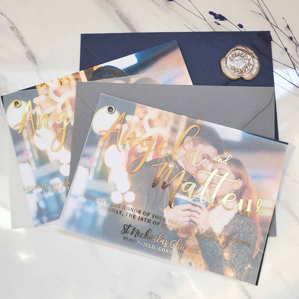 Personalized gold foiled vellum wedding invitation with custom picture - XOXOKristen