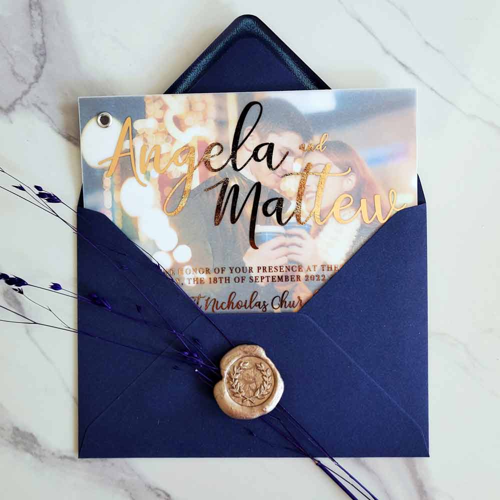 Personalized gold foiled vellum wedding invitation with custom picture - XOXOKristen