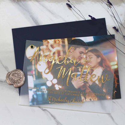 Personalized gold foiled vellum wedding invitation with custom picture - XOXOKristen
