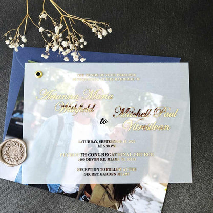 Foiled Vellum Overlay Wedding Invitation with Photo