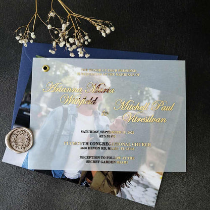 Foiled Vellum Overlay Wedding Invitation with Photo