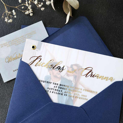 Foiled vellum wedding invitation with picture -  XOXOKristen 