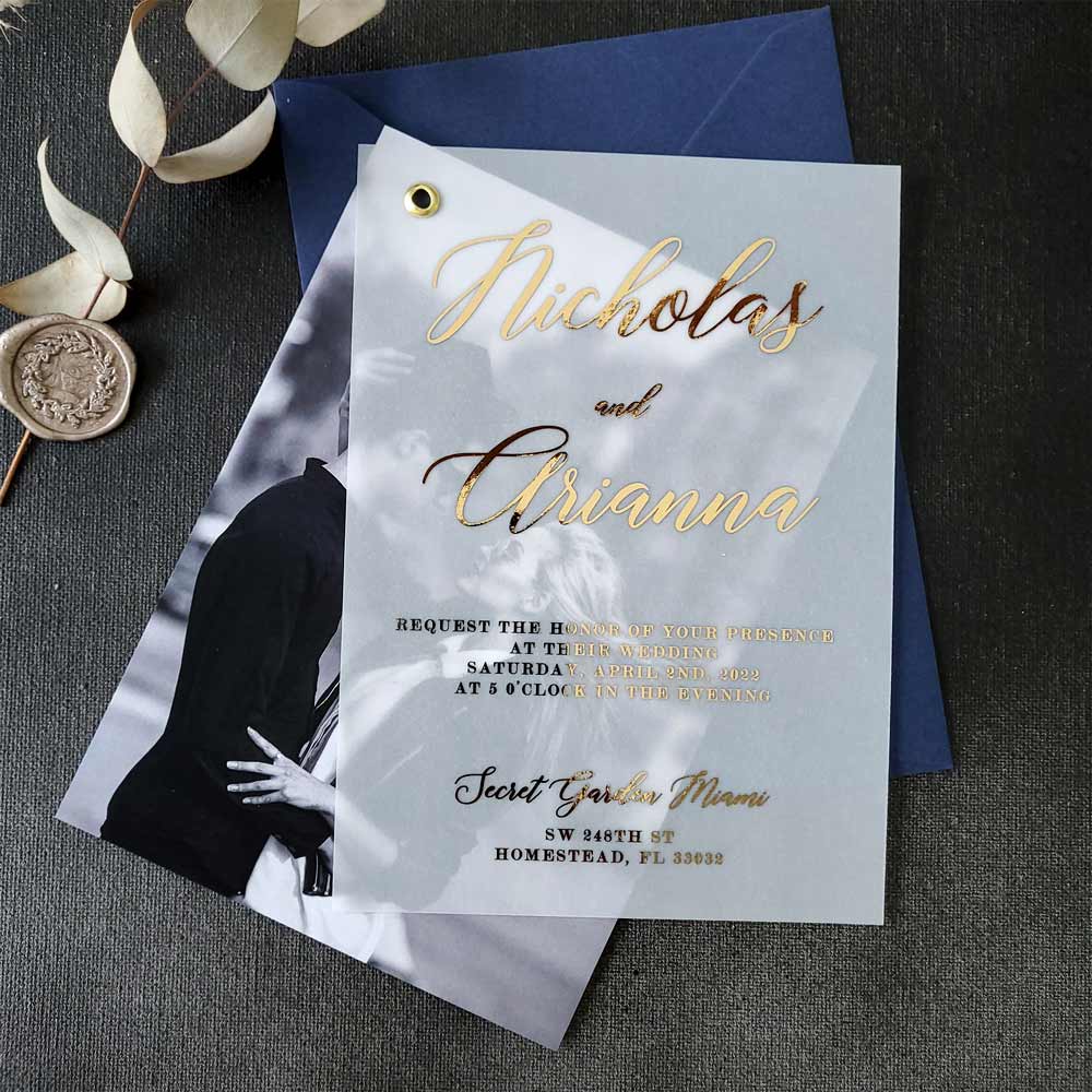 Foiled vellum wedding invitation with picture -  XOXOKristen 