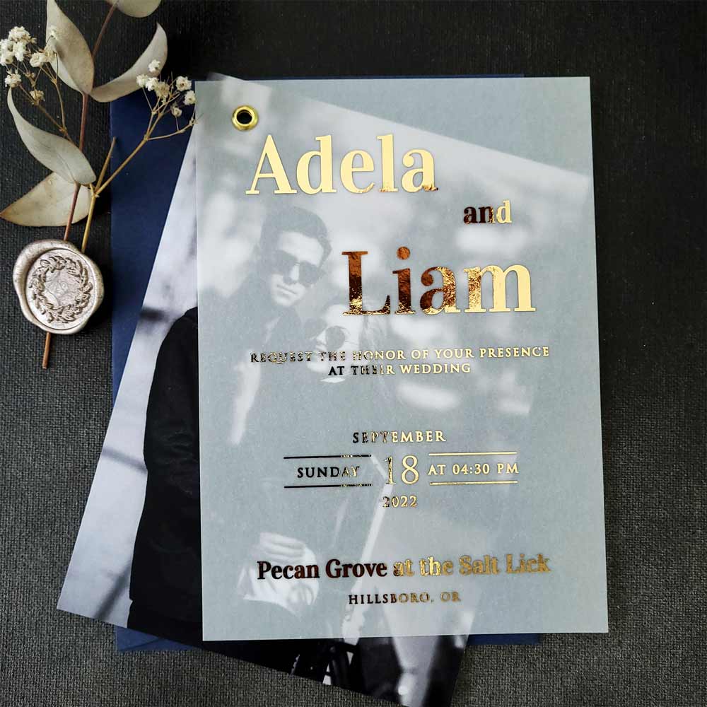 Elegant wedding invitation with gold foiled vellum and picture -  XOXOKristen 