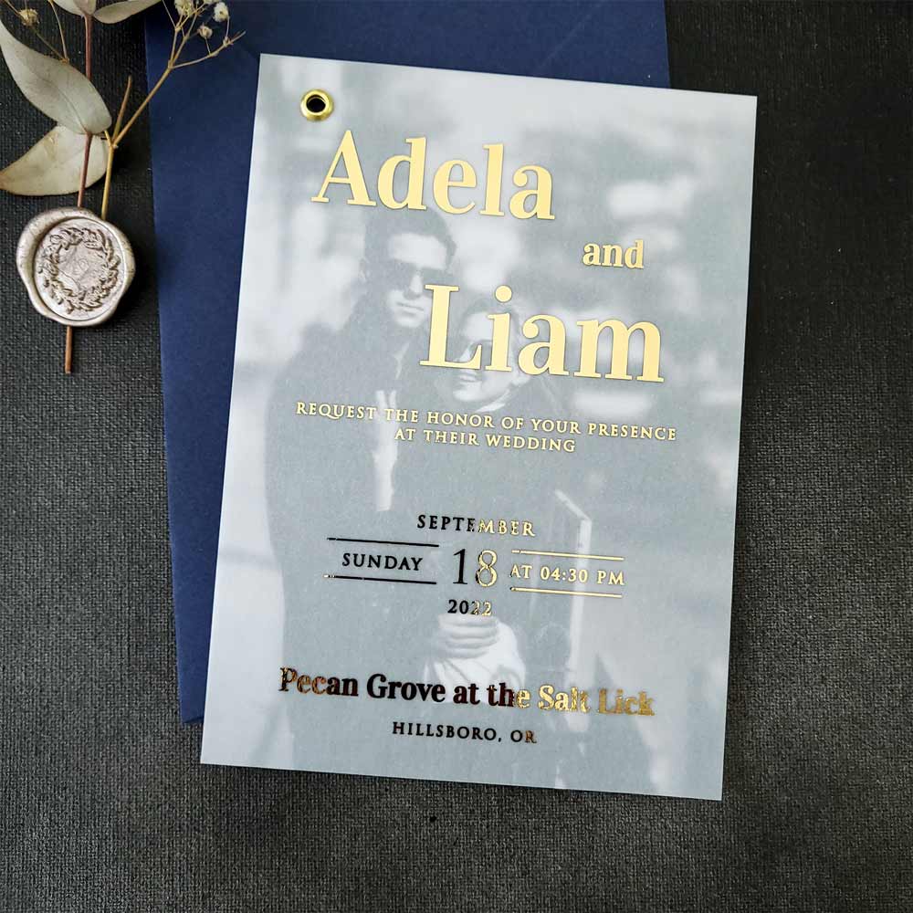 Elegant wedding invitation with gold foiled vellum and picture -  XOXOKristen 