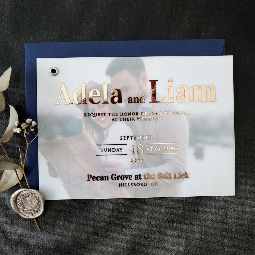 Elegant wedding invitation with gold foiled vellum and picture -  XOXOKristen 