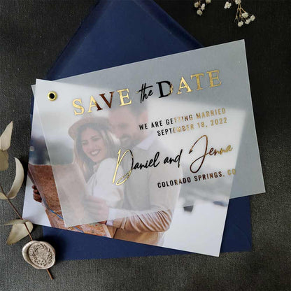 Vellum save the date cards with custom photo and foiled printing - XOXOKristen