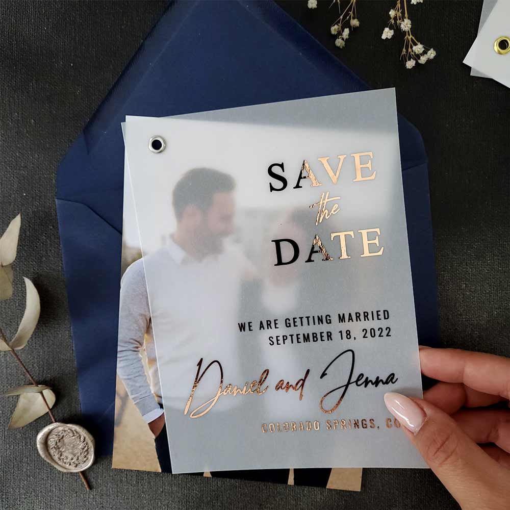 Vellum save the date cards with custom photo and foiled printing - XOXOKristen