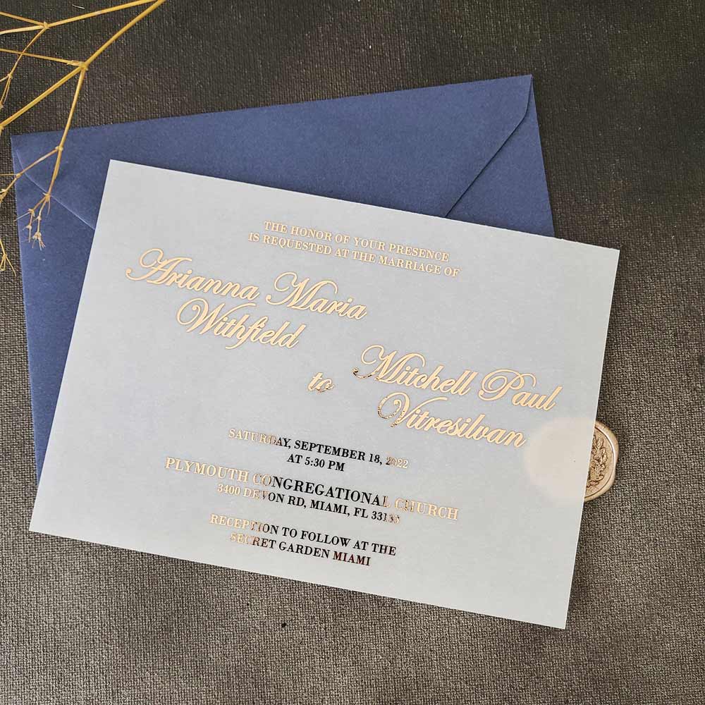 Vellum wedding invitations with gold foiled print -  XOXOKristen 