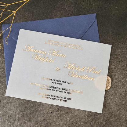 Vellum wedding invitations with gold foiled print -  XOXOKristen 
