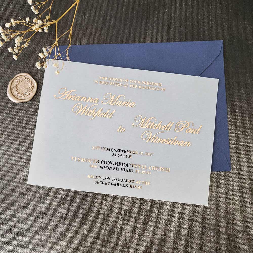 Vellum wedding invitations with gold foiled print -  XOXOKristen 