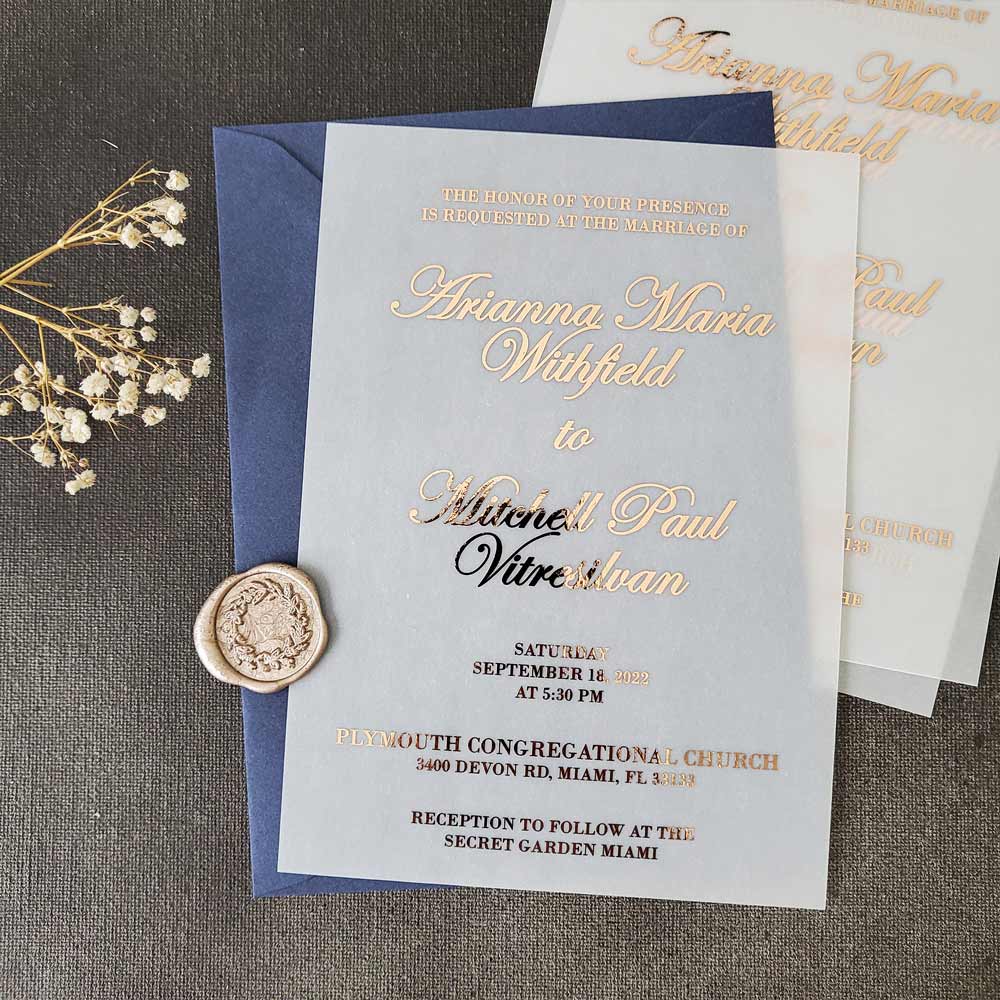 Vellum wedding invitations with gold foiled print -  XOXOKristen 