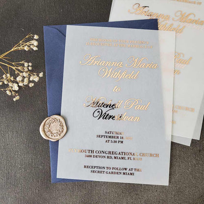 Vellum wedding invitations with gold foiled print -  XOXOKristen 