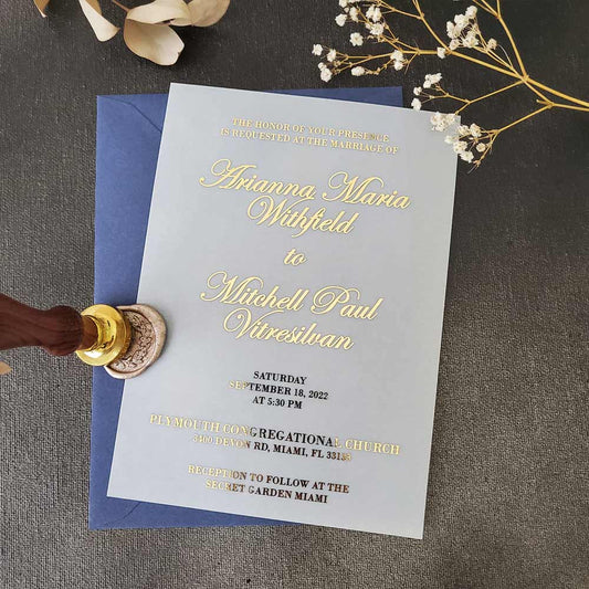 Vellum wedding invitations with gold foiled print -  XOXOKristen 