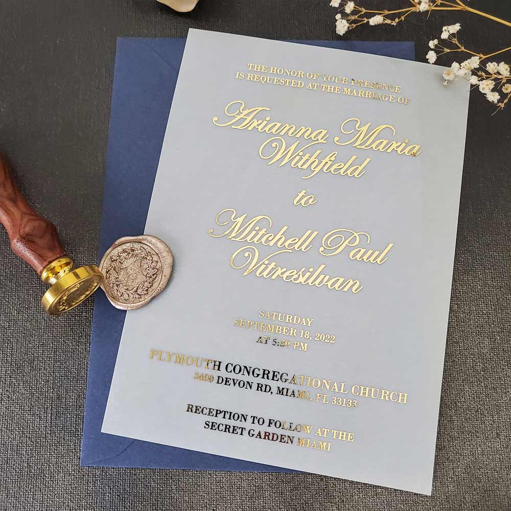 Vellum wedding invitations with gold foiled print -  XOXOKristen 