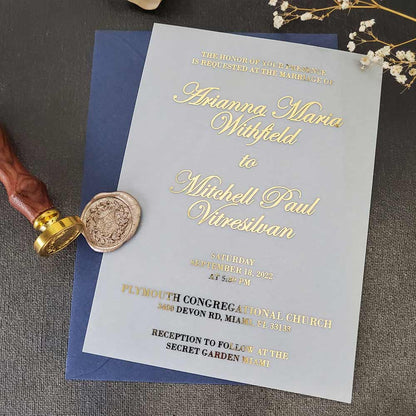 Vellum wedding invitations with gold foiled print -  XOXOKristen 