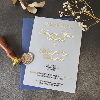 Vellum wedding invitations with gold foiled print -  XOXOKristen 