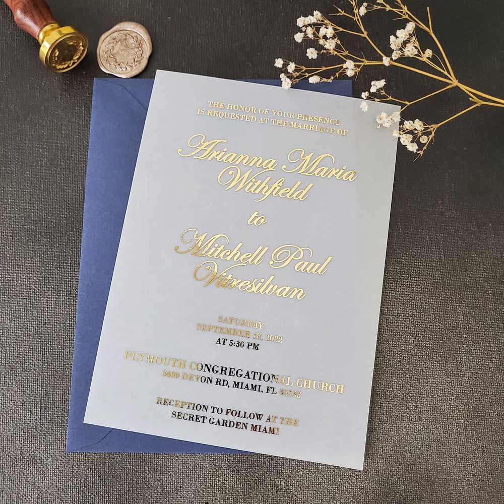 Vellum wedding invitations with gold foiled print -  XOXOKristen 