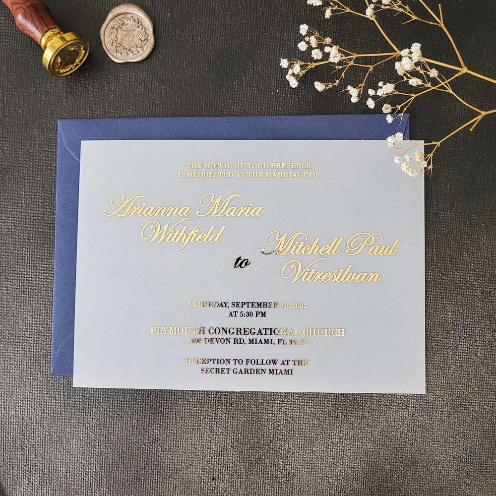 Vellum wedding invitations with gold foiled print -  XOXOKristen 