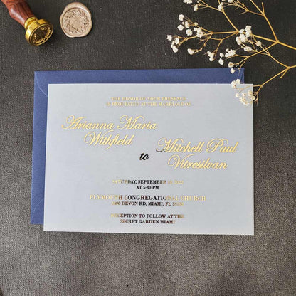 Vellum wedding invitations with gold foiled print -  XOXOKristen 