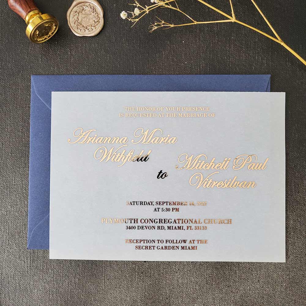 Vellum wedding invitations with gold foiled print -  XOXOKristen 