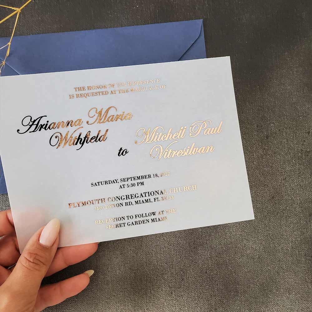 Vellum wedding invitations with gold foiled print -  XOXOKristen 