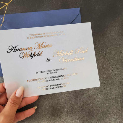 Vellum wedding invitations with gold foiled print -  XOXOKristen 