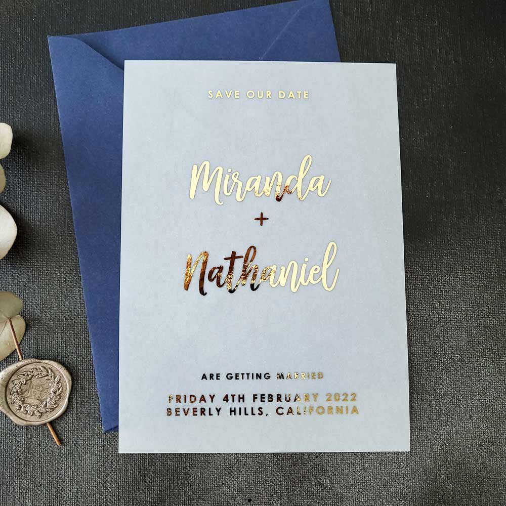 Wedding save the dates with foil printed on vellum - XOXOKristen