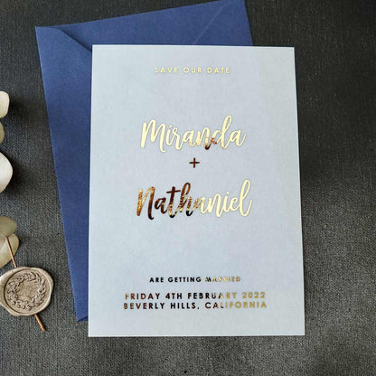 Wedding save the dates with foil printed on vellum - XOXOKristen