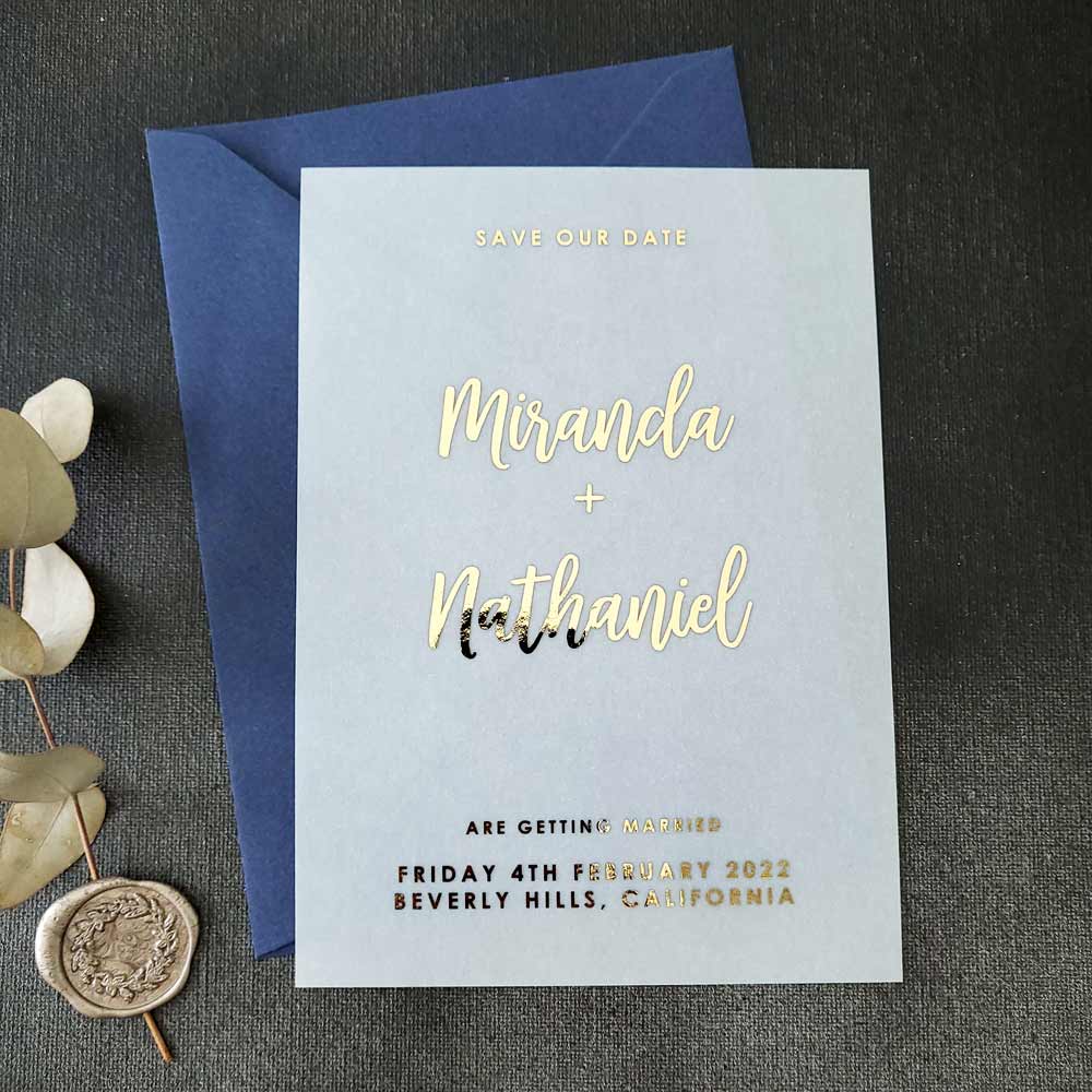 Wedding save the dates with foil printed on vellum - XOXOKristen