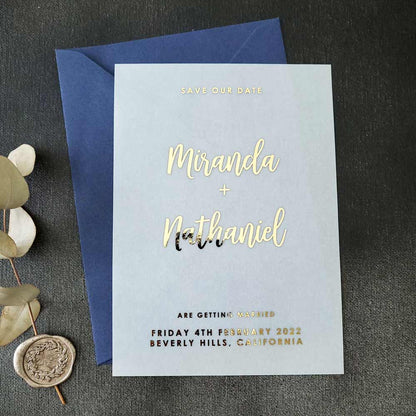 Wedding save the dates with foil printed on vellum - XOXOKristen