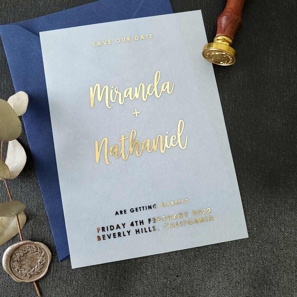 Wedding save the dates with foil printed on vellum - XOXOKristen