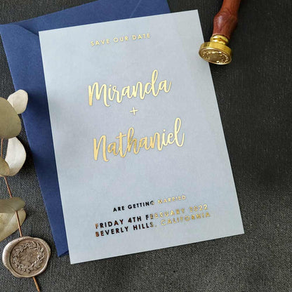 Wedding save the dates with foil printed on vellum - XOXOKristen