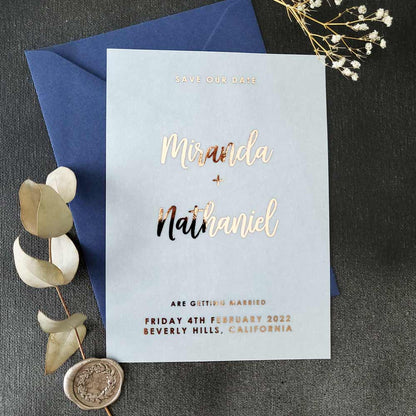 Wedding save the dates with foil printed on vellum - XOXOKristen