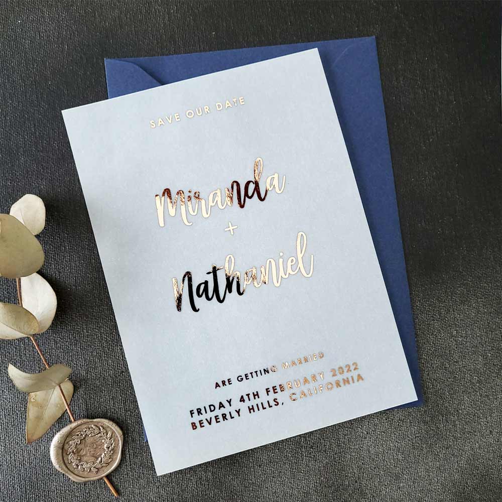 Wedding save the dates with foil printed on vellum - XOXOKristen